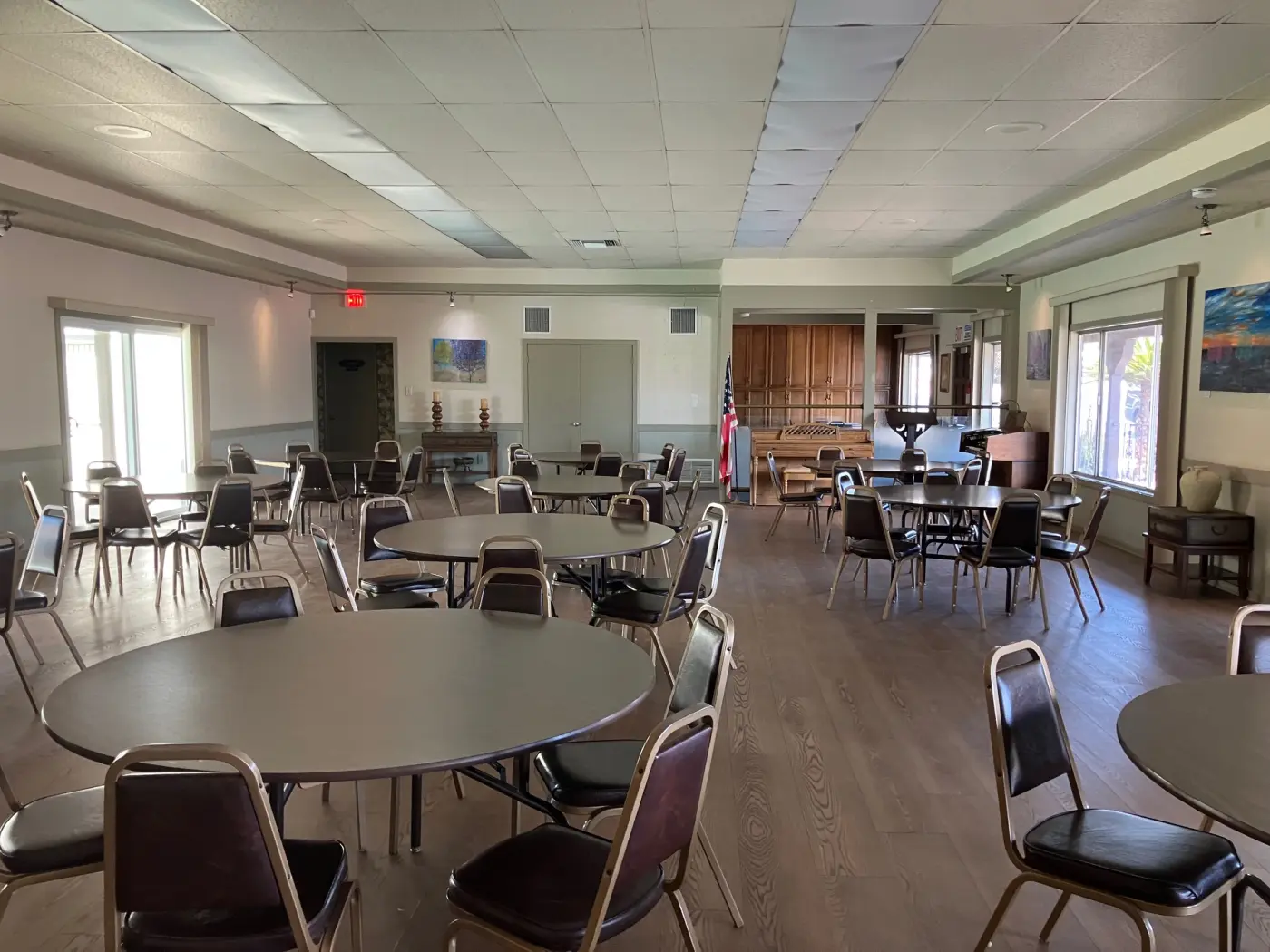 The recreation center set with tables for an event