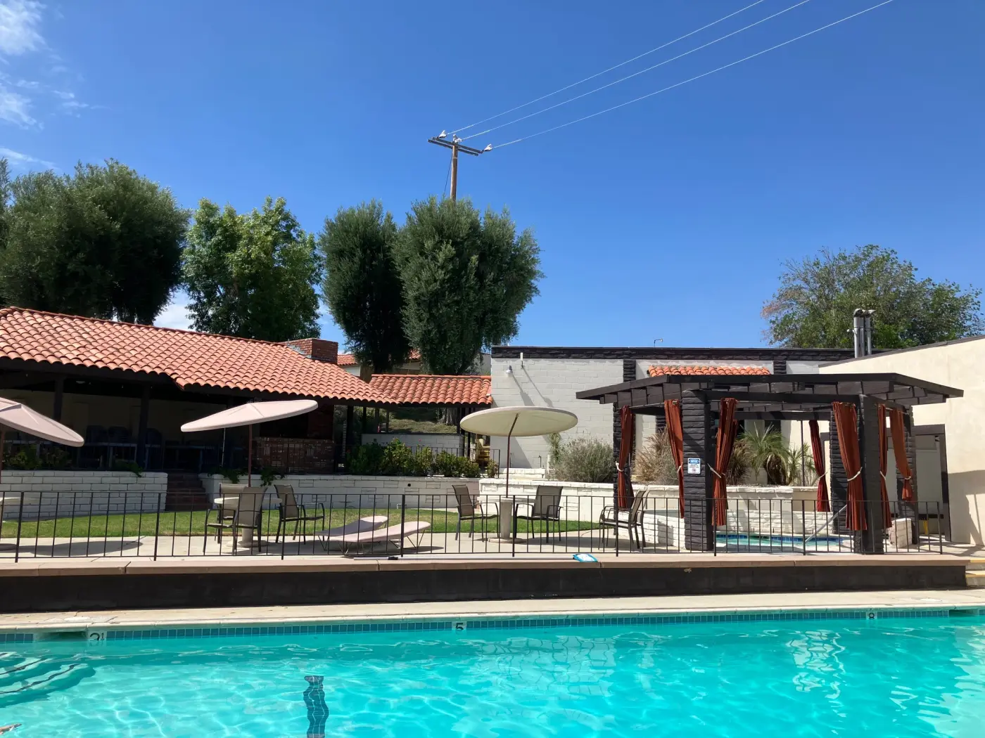 Umbrellas and seating on the pool deck